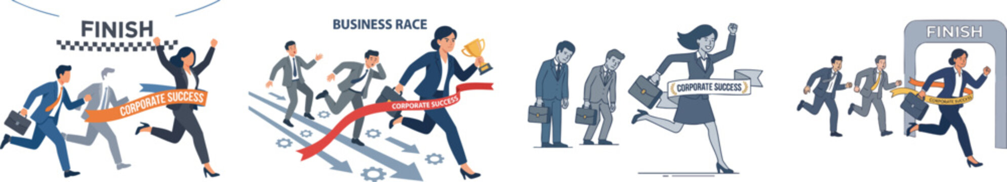 High-performing businesswoman crosses the finish line ahead of her male competitors to win a competitive business race for corporate success. Vector set isolated on white