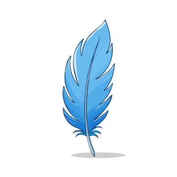 Single light blue feather with delicate strands casting a soft shadow