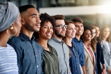 Fototapeta premium Diverse group of people smiling in row representing unity happiness teamwork and inclusive social community environment