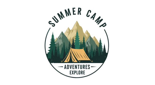 Summer Camp Logo with Tent, Mountains, and Forest - Adventure and Explore