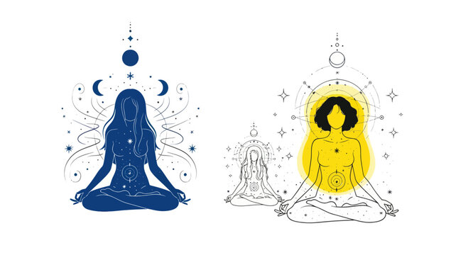 Cosmic Yoga Meditation: Women in Lotus Pose with Celestial Elements