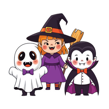 Cute Halloween Characters: Ghost, Witch, Vampire Trio - Vector Illustration