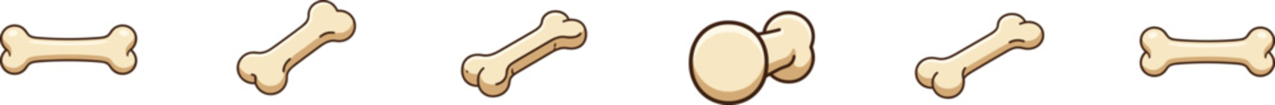 A set of six cartoon-style bone icons, likely intended for pet-themed games or graphics.