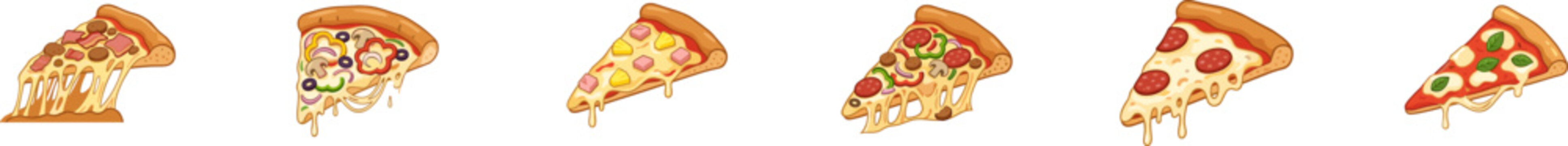 Set of assorted pizza slice icons with melting cheese.