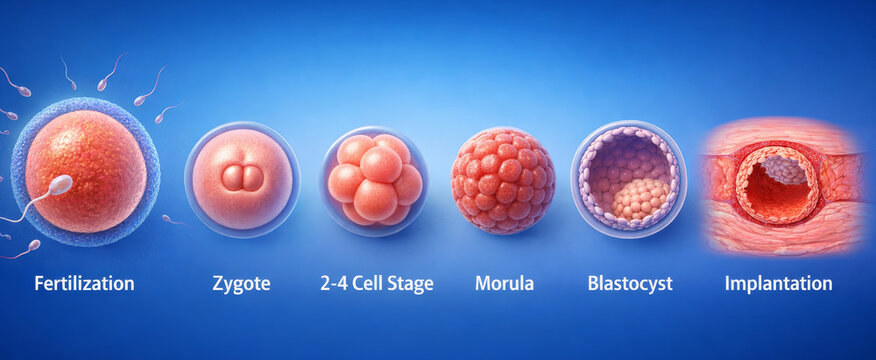 Medical illustration of early pregnancy steps including morula, cell division, and embryo implantation process.