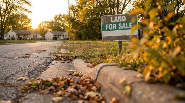 Land For Sale sign near a curb in an autumn residential neighborhood, bathed in warm golden hour sunlight and scattered leaves, signaling a real estate opportunity