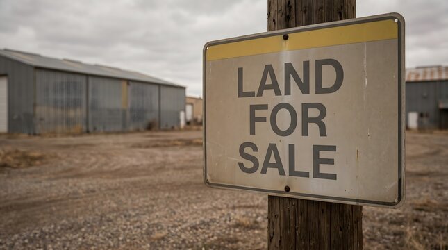 An old, weathered 'Land For Sale' sign stands prominently on a wooden post, marking an expansive property with abandoned industrial buildings and open dirt under a bleak, overcast sky