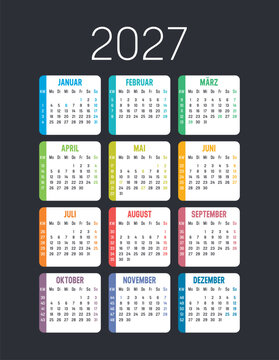 Kalender 2027 deutsch farbenfroh mit kalenderwochen auf dunklem hintergrund, feiertage deutschland, vektor vorlage