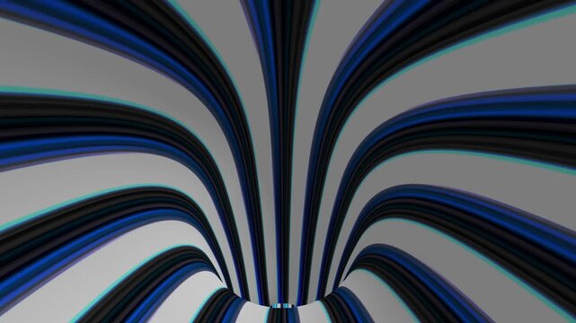 Abstract curved blue and black stripes forming a dynamic radial pattern.