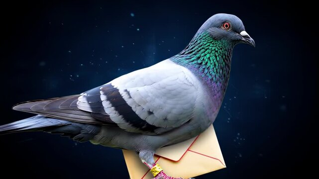 Pigeon Carrying a Paper Envelope in Its Claws on Dark Background