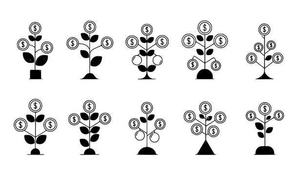 Finance growth money tree icons vector minimalist outline set