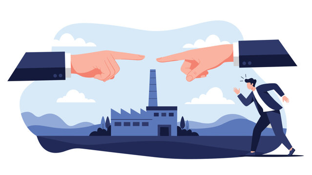 Businessman running away as two giant hands point at him in front of an industrial factory building backdrop.