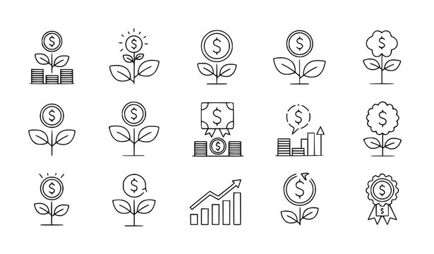 Money tree line icon set vector finance growth investment outline