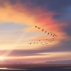 Obraz premium Graceful Birds Flying Over Golden Horizon Illustration
