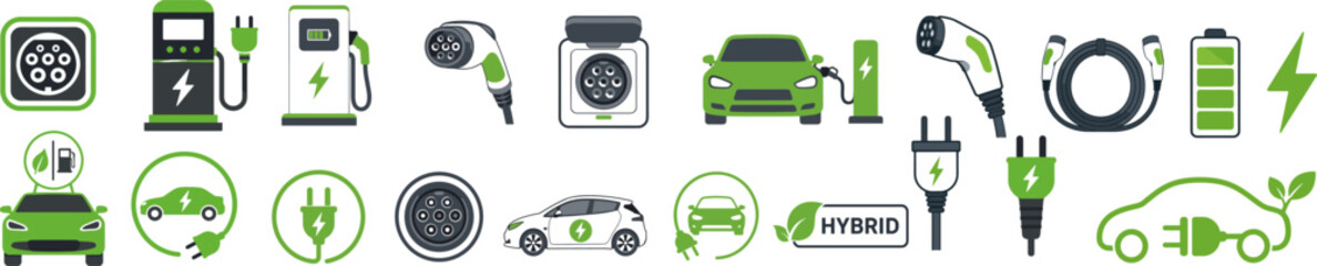 Fototapeta premium Flat electric vehicle charging station, plug, connector, battery and eco car icon collection in green and gray isolated on light background