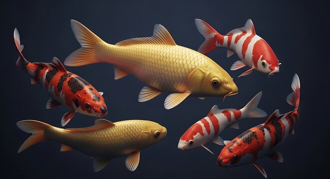 Vibrant Koi Fish Swimming Together in Dark Pond Water.