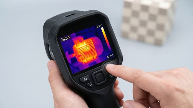 A persons hands hold a thermal imaging camera displaying the temperature of an industrial motor