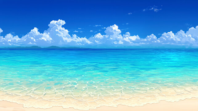 白い砂浜と透き通った青い海に広がる夏の入道雲の風景