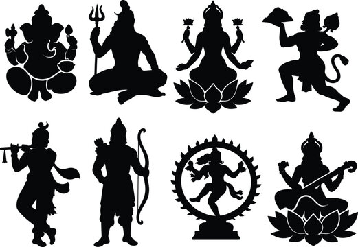 Collection of eight black silhouette figures of Hindu deities and mythological characters Keywords