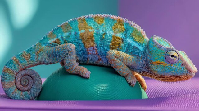 Close up colorful chameleon on teal ball in bright gym surreal style