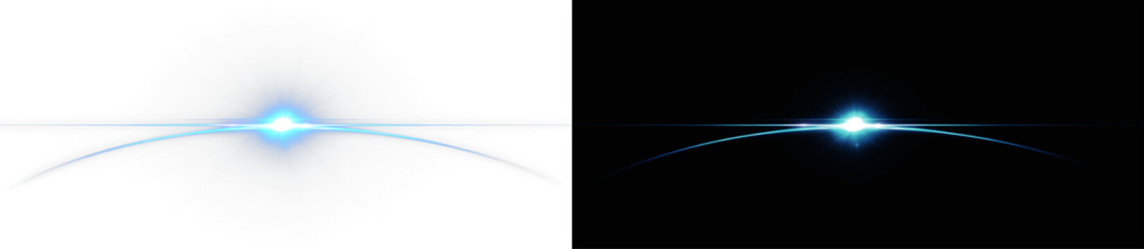 Blue lens flare with straight horizontal light rays, realistic optical sun flash effect