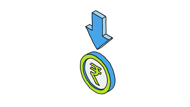 Hand drawn blue downward pointing arrow and Indian rupee coin illustration alpha transparent