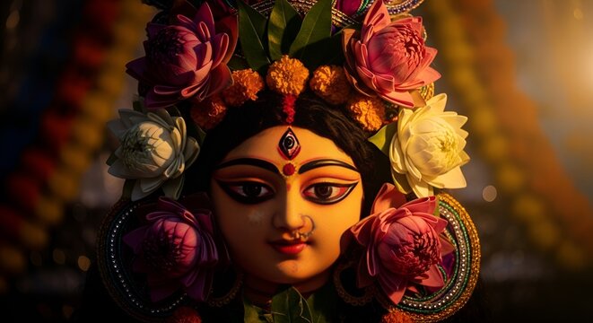 Devi Durga face close up with lotus and marigold flowers, Hindu goddess, festive decoration
