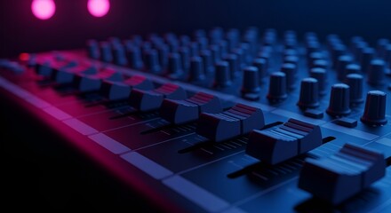 Obraz premium Audio Mixer Faders Close Up with Neon Pink and Blue Lights