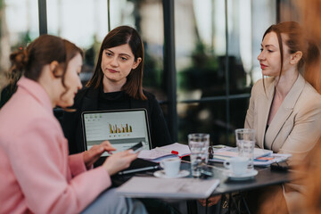 Obraz premium Three professional women review a laptop chart and paperwork during a business meeting. The colleagues discuss data and plans while seated at a cafe table with coffee and notebooks.