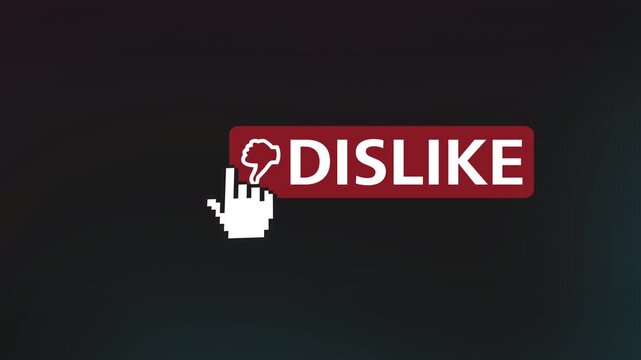 Minimalist red dislike button with thumbs down icon on dark gradient background while pixel hand cursor approaches from below, suggesting hesitation and user interaction in a clean UI scene.
