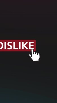 Vertical composition showing a red dislike button on dark gradient backdrop with pixel cursor moving upward, emphasizing mobile friendly layout and negative feedback interaction
