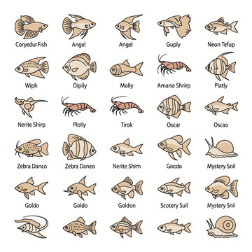 Collection of various freshwater aquarium fish and shrimp illustrations with names.
