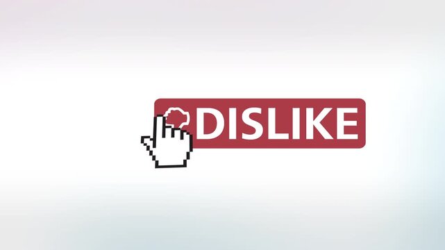Clean white background featuring a red dislike button with thumbs down icon as pixel cursor moves toward it, conveying modern interface interaction and clear visual feedback concept