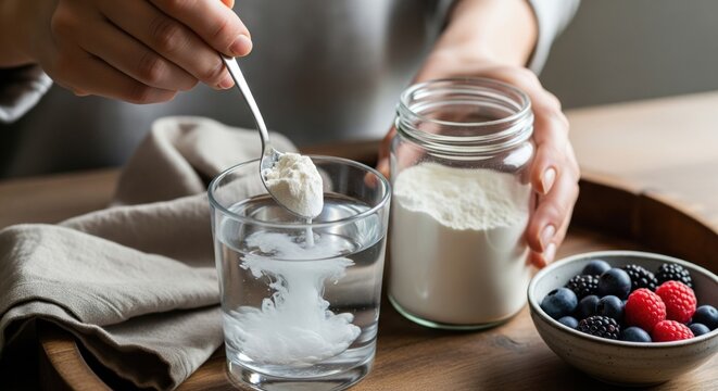 Morning tray with creatine being mixed into water shows clear supplement ritual, integrated daily wellness routine and clean modern nutrition habit. Protein shake