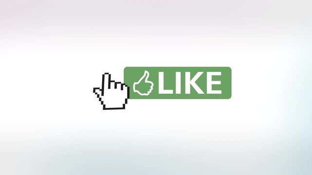 Bright white background with green like button and pixel cursor moving toward it, illustrating clean UI interaction and positive user response in a minimal digital scene.