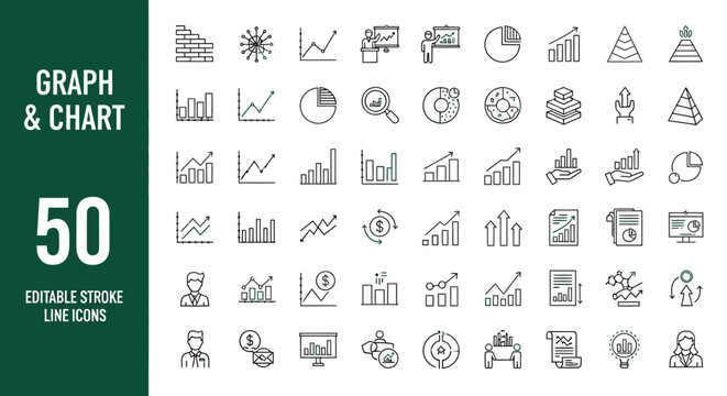 Set of 50 Vector Line Icons for Business Graphs, Financial Charts, Data Analysis, and Market Statistics Visualization