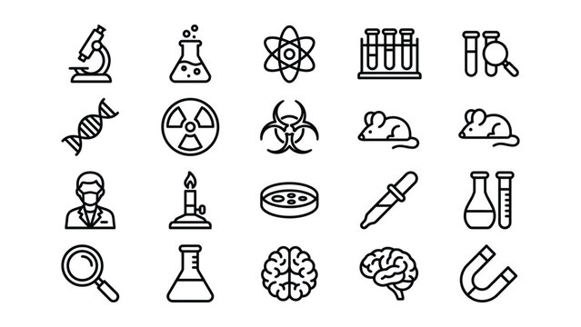 Science icons set vector illustration medical and research symbols with test tube magnifying glass bunsen burner petri dish research laboratory chemistry discovery experiment education