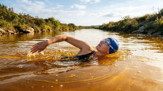 A swimmer wearing goggles and a cap, gracefully performing the backstroke through a massive, floating river of golden honey