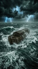 Biblical deluge saga: Noah's Ark, divine protection, vast ocean, heavy rain, great flood, epic survival, ancient legend, wood vessel, stormy sky, dark cloud, wild wave, thunder bolt.