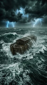 Biblical deluge saga: Noah's Ark, divine protection, vast ocean, heavy rain, great flood, epic survival, ancient legend, wood vessel, stormy sky, dark cloud, wild wave, thunder bolt.