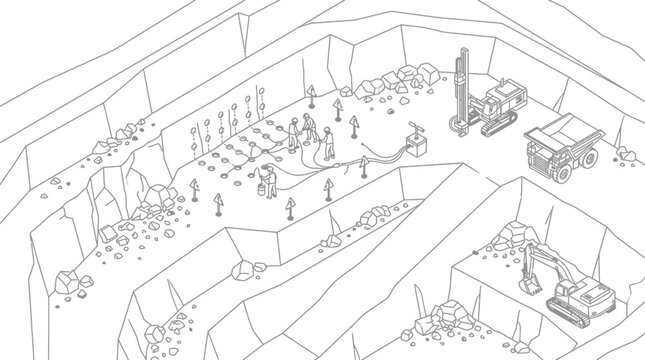 An isometric illustration depicting a large-scale open-pit mining operation with heavy machinery and drilling equipment.