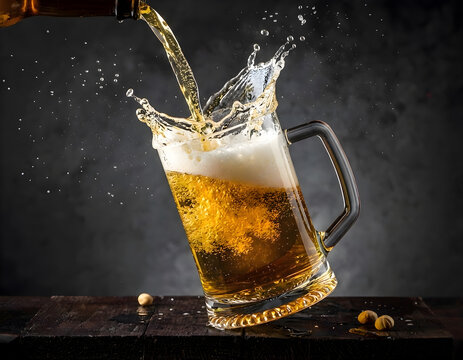 Beer pouring into a glass mug, dynamic splash and foam, close up.〈ビールを注ぐ躍動感のある瞬間、シズル感たっぷりのジョッキ〉