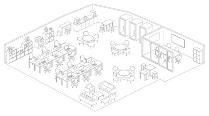 Fototapeta premium Isometric illustration of a modern open-plan office space featuring workstations, meeting rooms, and lounge areas.