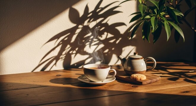 Steaming coffee cup on a wooden table with a plant shadow