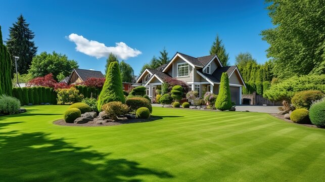 Immaculately manicured suburban front yard with sprawling green lawn and a stone-and-siding residence