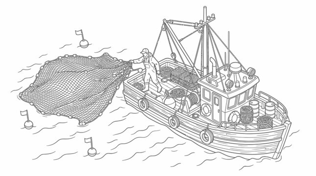 A detailed illustration of a fishing trawler at sea, with a fisherman hauling a large net aboard.