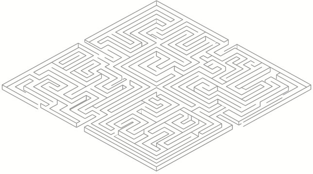 Intricate isometric maze with complex pathways and dead ends, presented in a clean line art style.