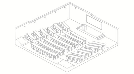 Fototapeta premium Isometric line drawing of a modern lecture hall with tiered seating, a stage, and a projection screen, illustrating architectural layout.