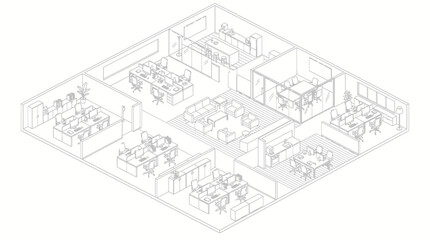 Fototapeta premium Isometric architectural drawing of a modern office layout featuring multiple workstations, meeting rooms, and a reception area.