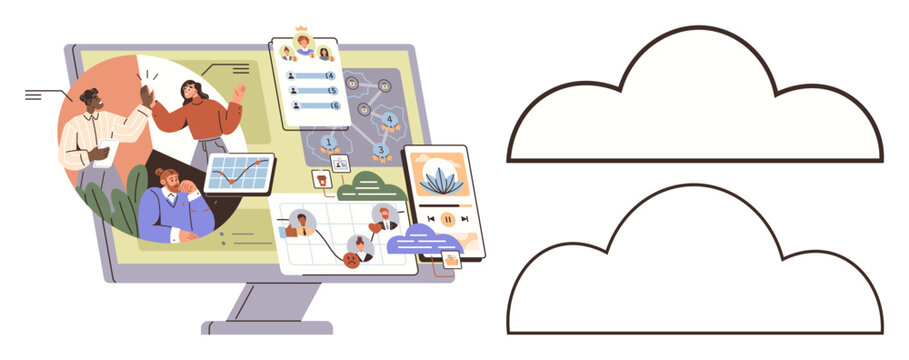 Collaboration tools, cloud storage, workflow automation, data visualization, remote teamwork, online communication. A monitor displaying cloud-based tools and teamwork features. Collaboration